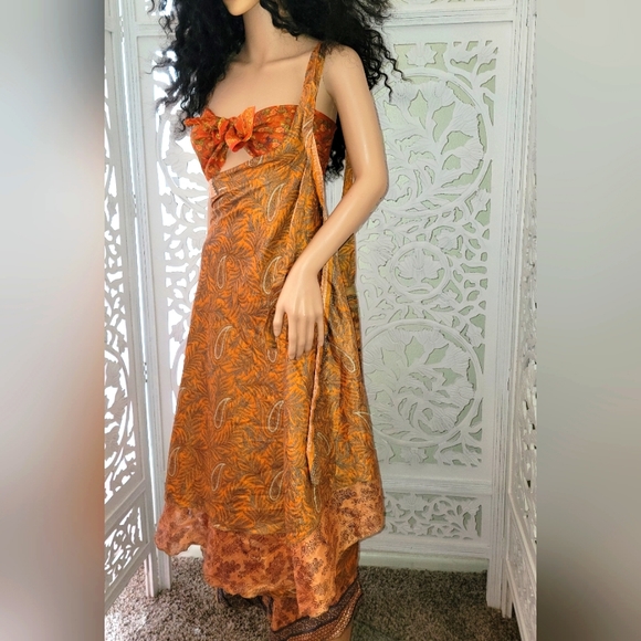 Exotic Boho Silk Muted Gold & Blue Reversible Wrap Maxi Skirt - Picture 14 of 16